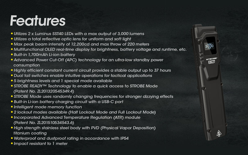 Nitecore EDC27 3000 lumens Ultra Slim High Performance Flashlight 隨身EDC戰術強光手電筒