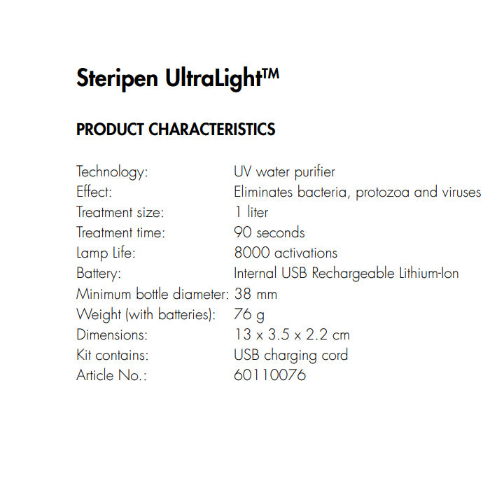 Katadyn SteriPEN® UltraLight™ Rechargeable UV Water Purifier 旅行UV淨水器 